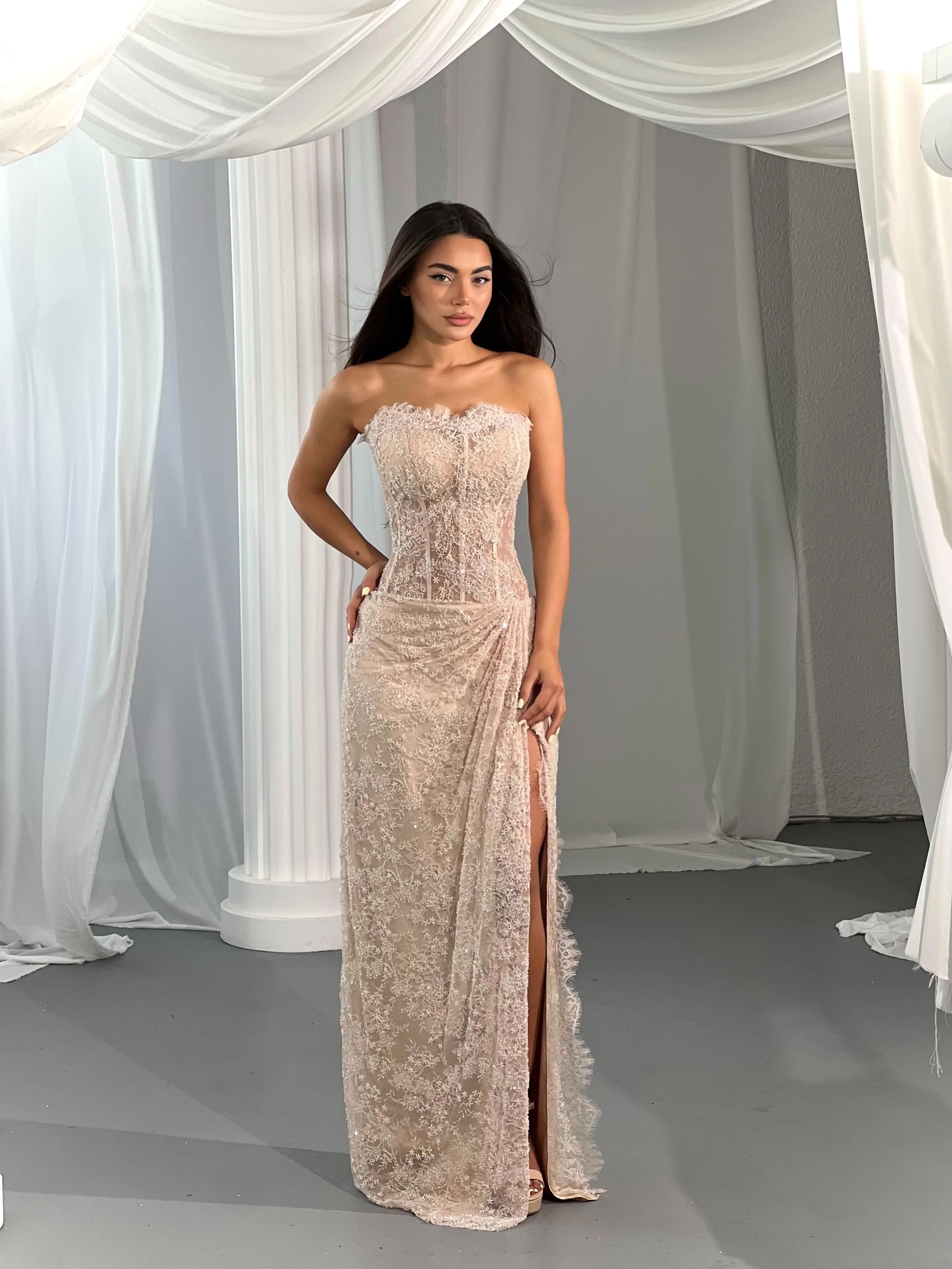 Aunbra Customized Elegant Blush Pink Strapless Evening Dresses Lace Sequin Ruched Formal Prom Dresses for Party Gowns 2026