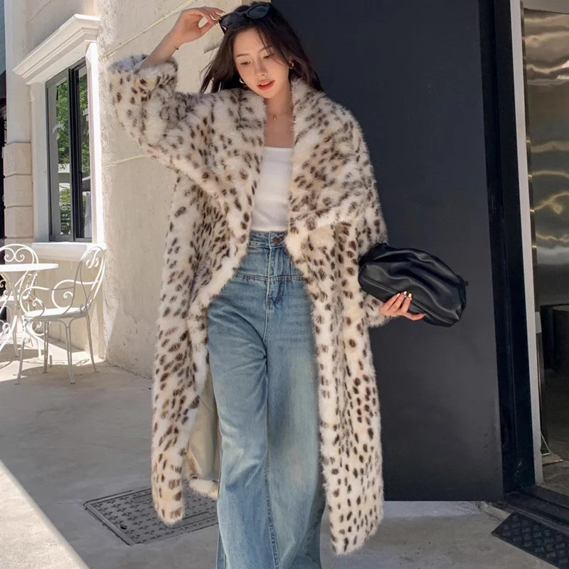 

S-9XL Winter Thick Warm Big Turn-down Neck Yellow Dot Windbreaker Coat Women Faux Mink Fur Leopard Long Overcoat Loose Trench