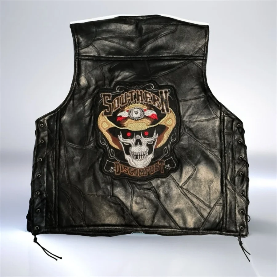 

Мужские жилеты из натуральной кожи с вышивкой черепа, куртка без рукавов в стиле панк, байкерский жилет для езды на мотоцикле, мужская одежда, уличная жилетка