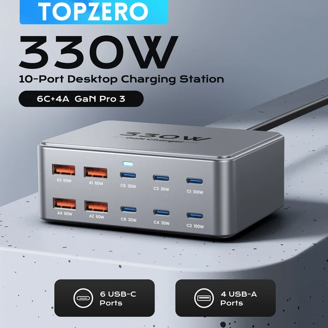 330W USB C GaN Charger 100W PD3.0 PPS QC3.0 Multiport Fast Charging Station For Laptop iPhone 15 16 Samsung Macbook Pro Tablet TOPZERO 100W GaN Multiport Charging Station – 3× USB-C PD 3.0 + 2× USB-A for MacBook Pro, iPhone, Samsung