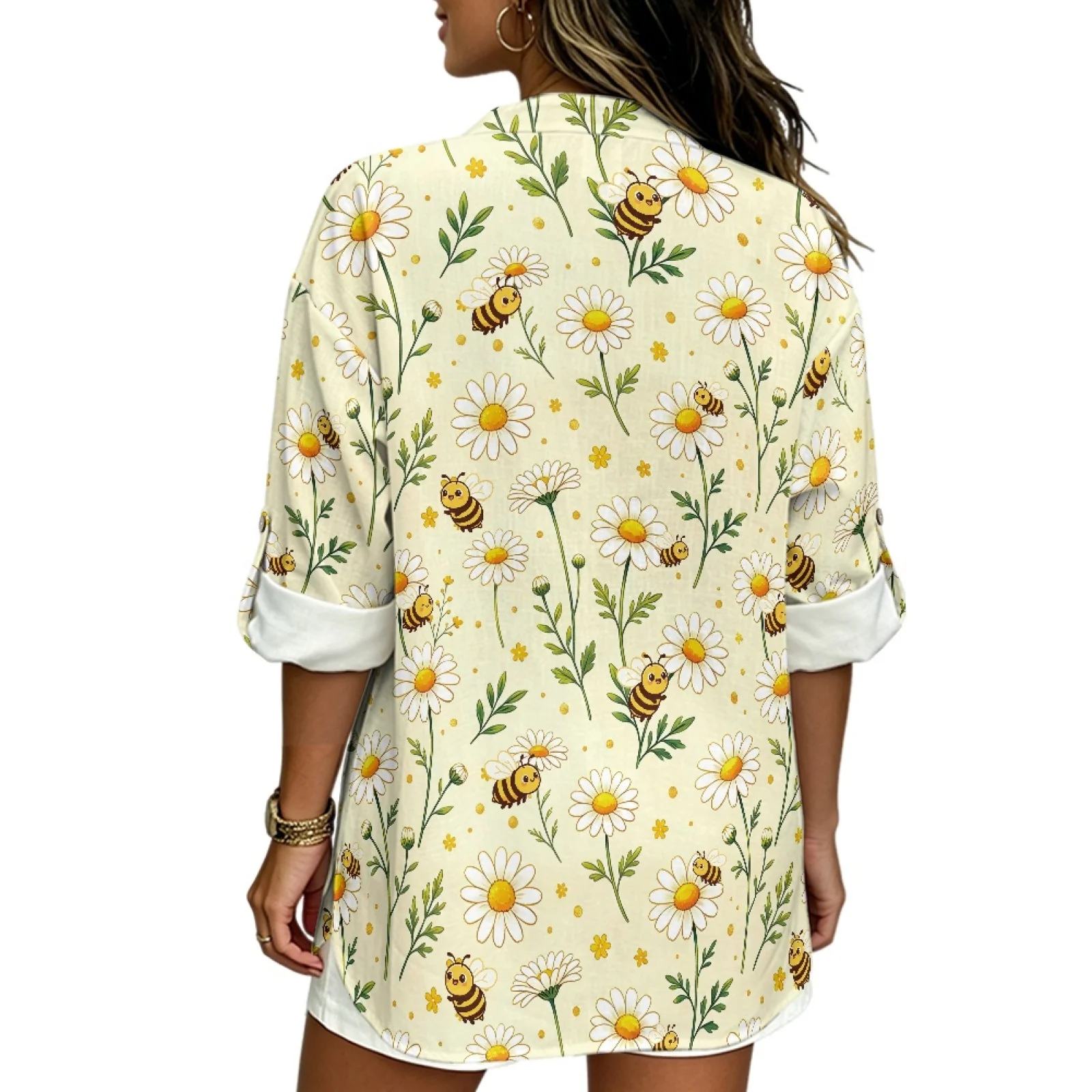 PENSTROLL Bee Theme Linen Like Women's Long Sleeve Shirt Long Sleeve Tops for Womens Loose Women's V Neck Tops