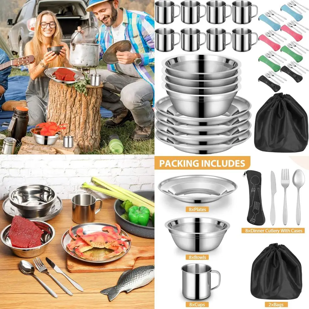 

Портативный набор походной посуды из 58 предметов: тарелки, чашки, миски, столовые приборы из нержавеющей стали на 8 человек — идеально подходит для активного отдыха на природе