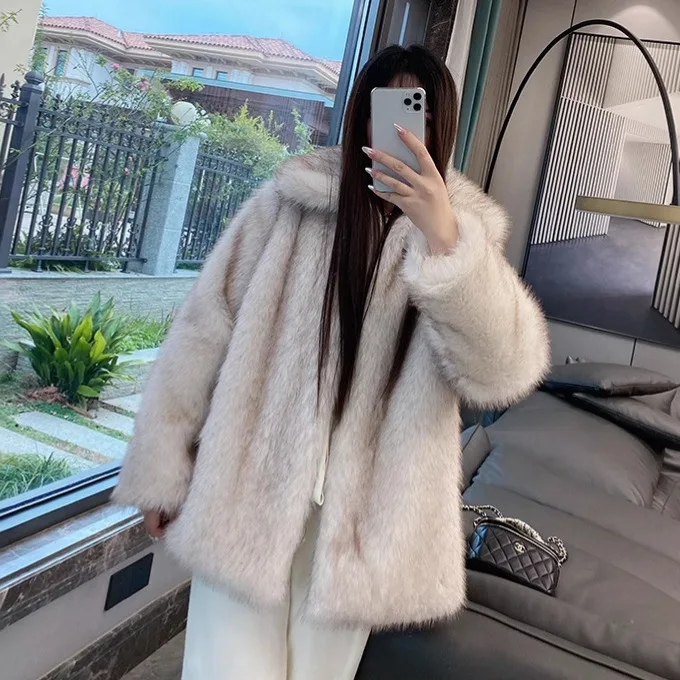 KIDCRKJ الشتاء النساء معطف الفرو فو أنيقة التلبيب طوق كم كامل سيدة الفراء الاصطناعي سترة رقيق الدافئة الإناث معطف فرو المنك #2