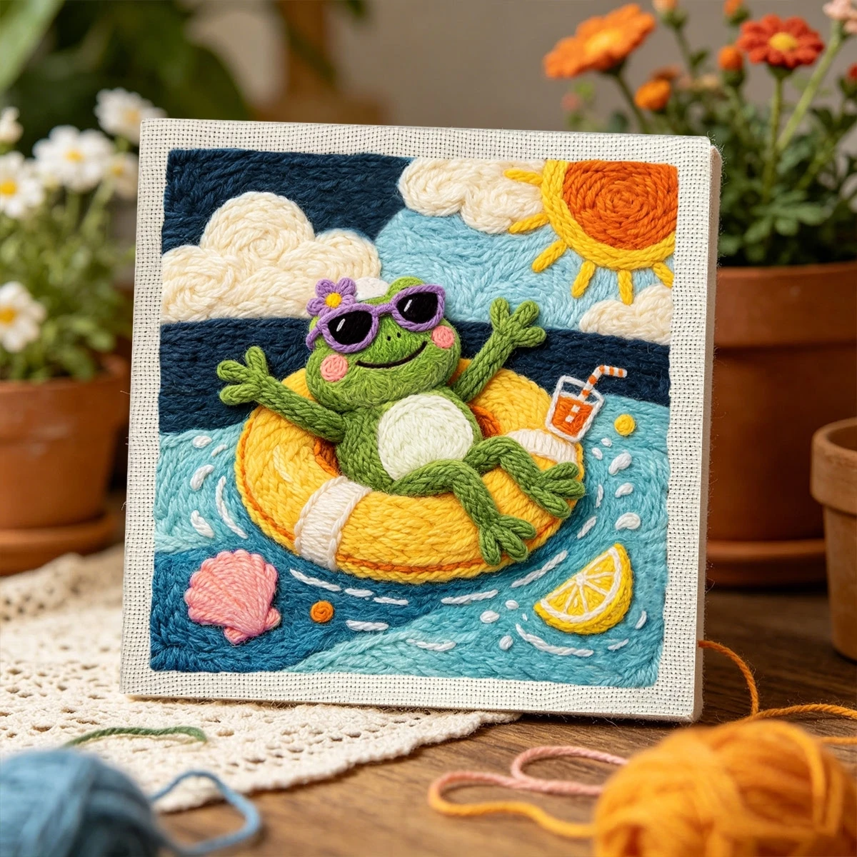 1 Set Frosch auf Schwimmring DIY-Stickerei-Set für Anfänger, Stickerei-Starter-Kit, Kreuzstich-Kunstgeschenk, Handarbeits-Bastelset – Detail 2