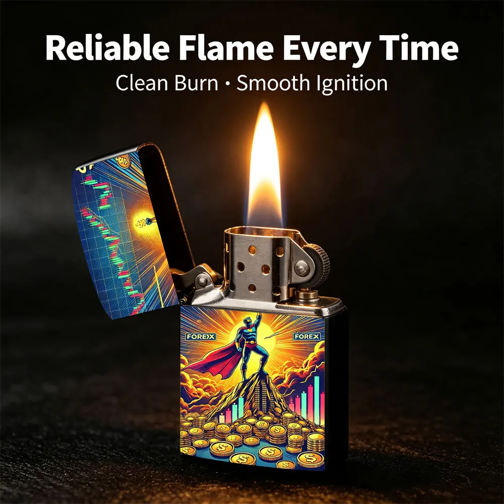 Pocket Lighter, Flip-Top Windproof Design, Metal Case with Poster Art of a Man in a Cape Standing on a Pile of Coins, Ergonomic Grip, Portable & Durable