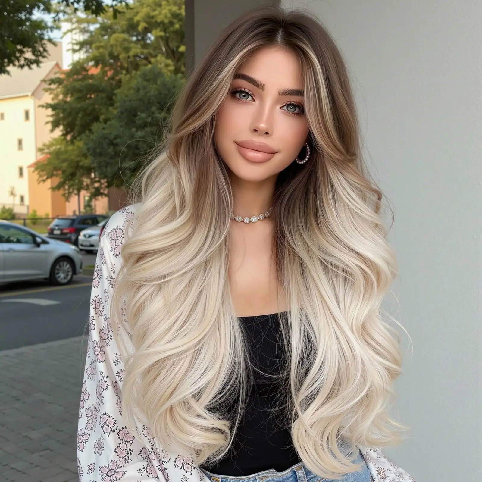 24 inches Long Wave Platinum Blonde Wig for Girls Platinum Synthetic Wig with Dark Roots Middle Part Hair Style Heat Resistant Fiber Halloween Wig Suitable for Cosplay and Costume Party