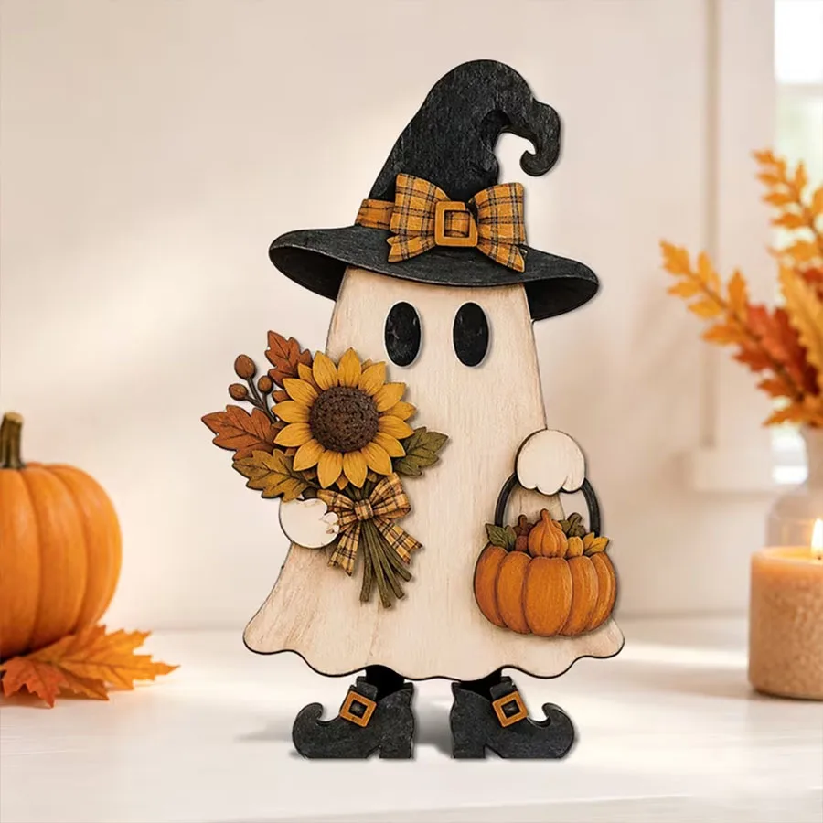 Dekorative Herbst-Ornamente aus Holz, bestehend aus drei Teilen, niedliche Herbst-Regaldekorationen, geeignet für Halloween, Weihnachten, Thanksgiving, als Tischdekoration, für den Schreibtisch im Büro, das Wohnzimmer – Detail 3
