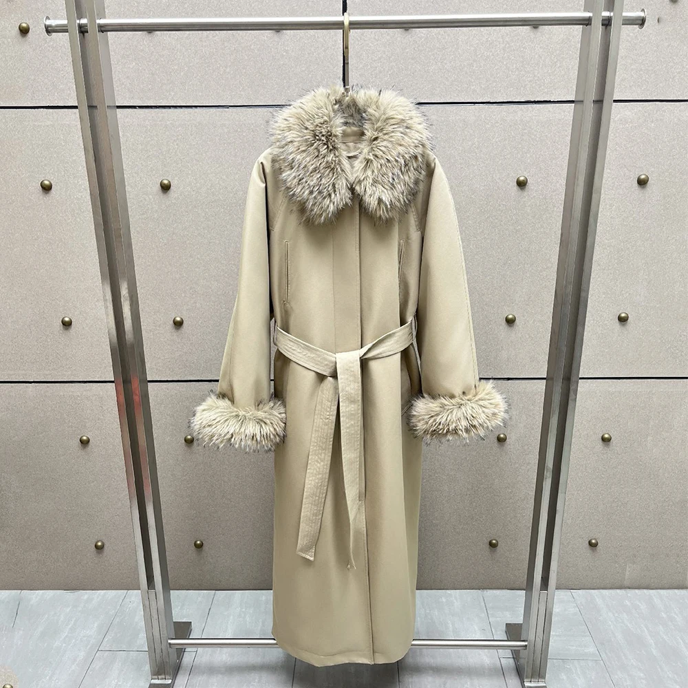 Women Cotton‑blend Long Trench Coat, Faux Fur Collar Cuffs Windbreaker Jacket, Elegant Long Outerwear for Winter Daily Party
