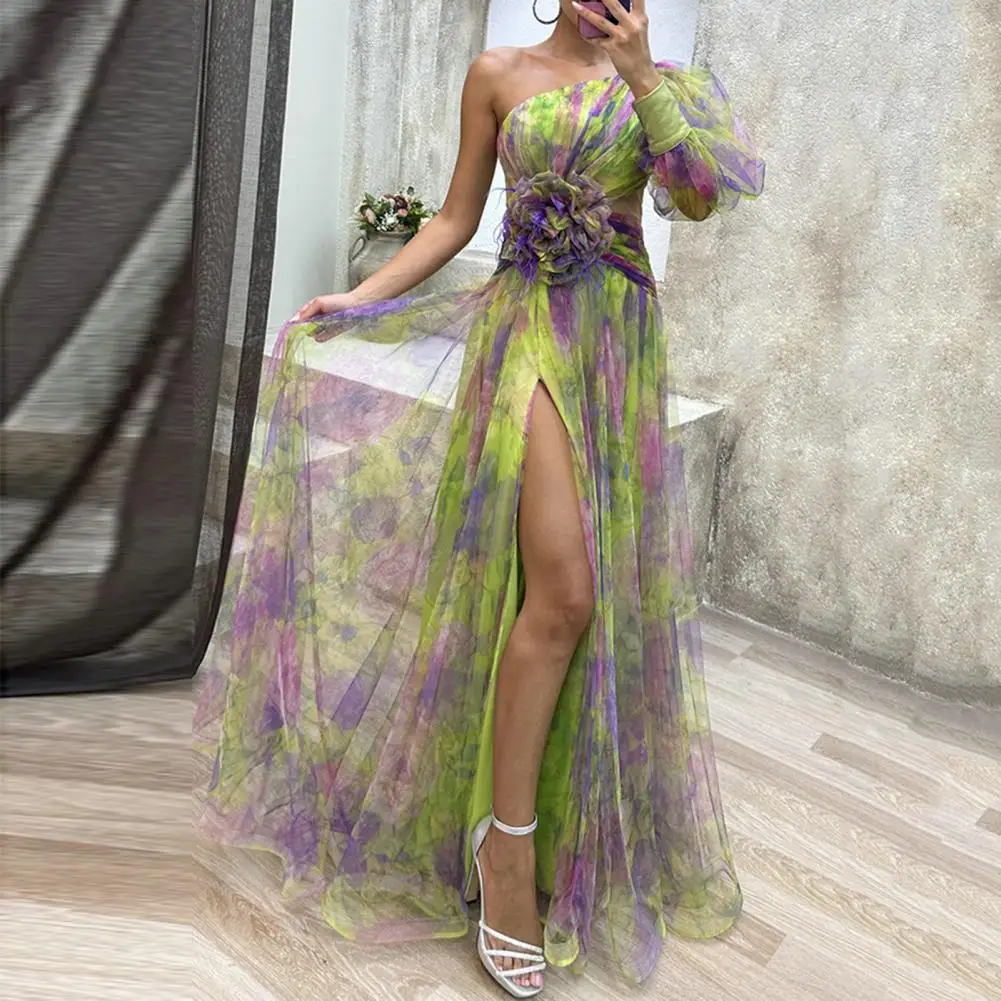 

Elegant Formal Party Dress Elegant One Shoulder Tie-dye Ball Gown with Mesh Bubble Sleeve Split Hem Women's Floor Length Evening