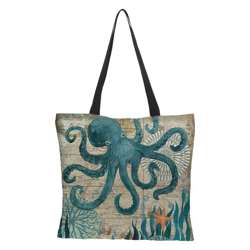 Shopping Bag Large Capacity Fashionable Tote Turtles Seahorse Whale Octopus Animal Single Shoulder Bag