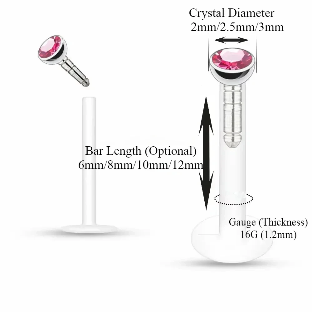 4X2/2.5/3 مللي متر كريستال دفع في الاكريليك Labret الدائري مونرو الشفاه 6/8/10/12 مللي متر بار شقة الظهر الأذن مربط ثقب مرن 16 جرام
