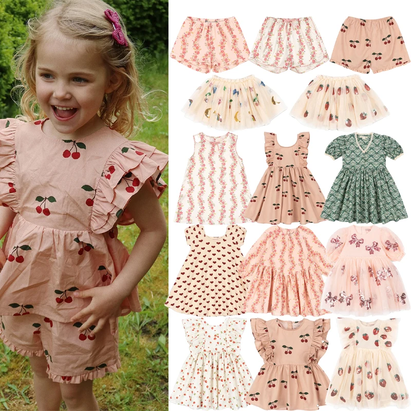 

Girls Dress 2025 New Summer Kids Printed Casual Shorts Girl's Lace Princess Dress Baby Cherry Print Crawl Suit