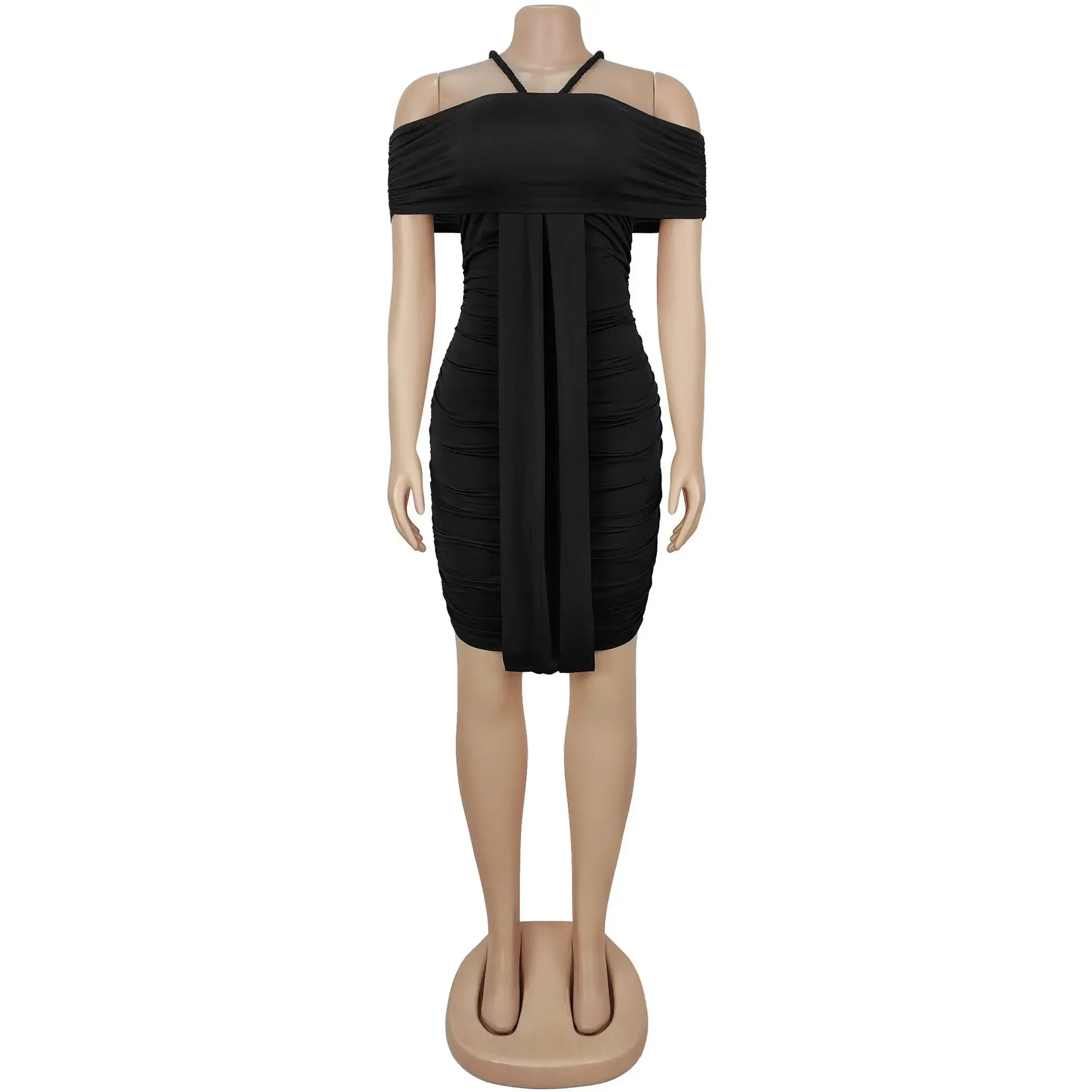 فستان نسائي قصير مكشكش برقبة مائلة وشريط رسن لخريف 2025 فساتين سهرة مثيرة للحفلات والعطلات على الشاطئ