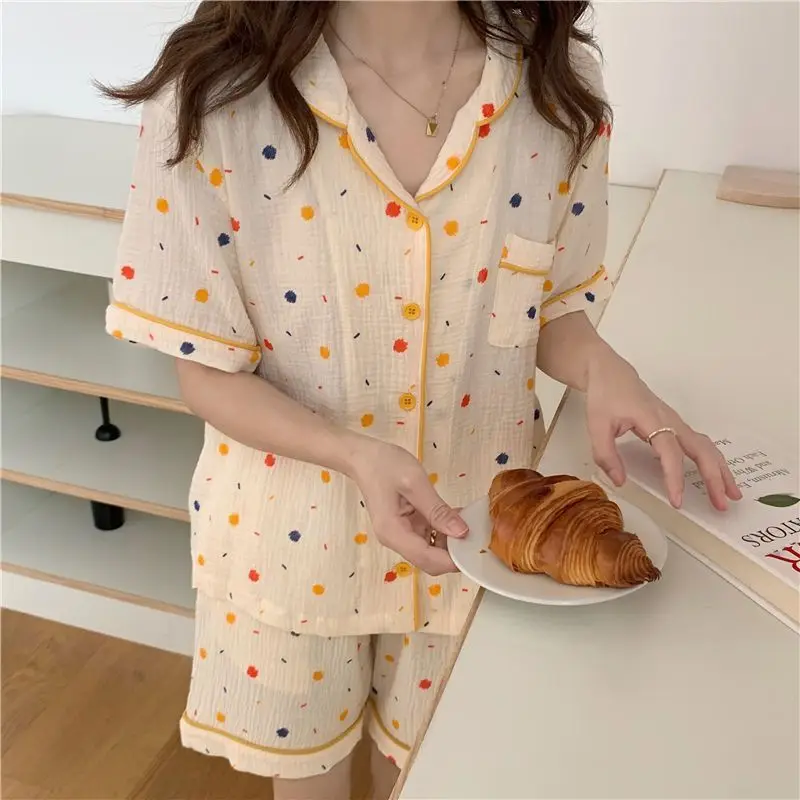 Girls Sweet Pajamas Set Short Sleeves Short Pant Cartoon Animals Print Cute Home Clothing Women Turn Down Collar Loose Sleepwear