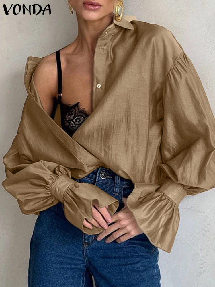 

Плюс размер 5XL VONDA Элегантные офисные женские рубашки Женская блузка OL с длинным рукавом Повседневная однотонная туника Топы Осенние пуговицы Модные блузки