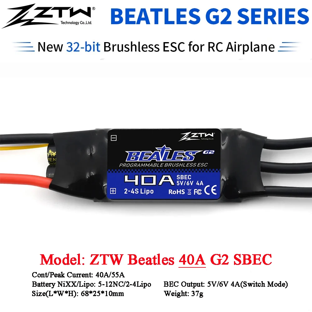 ZTW ESC Beatles 20A/30A/40A/50A/60A/80A/100A G2 SBEC 5/6V 8A 2-6S 32-Bit Brushless Speed Controller For RC Airplane Fixed-wing