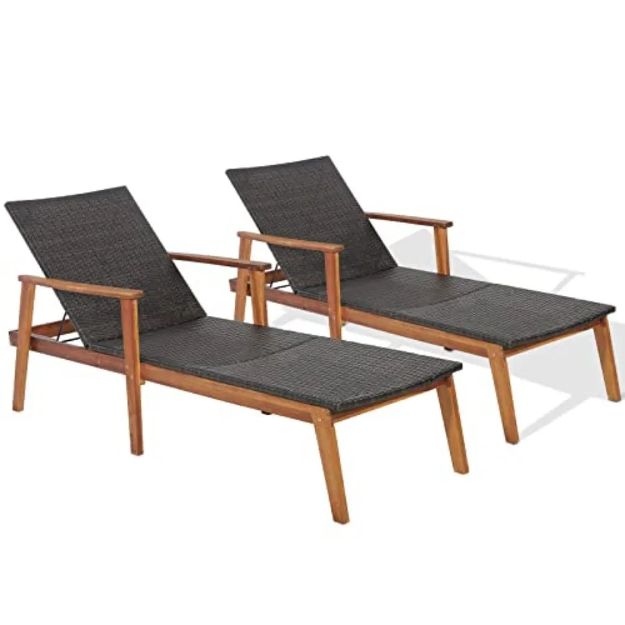 

2PCS Patio Chaise Lounge Chair, Outdoor Rattan Recliner with 4-Level Adjustable Backrest, Solid Acacia Wood Frame, Ergonomic Lo