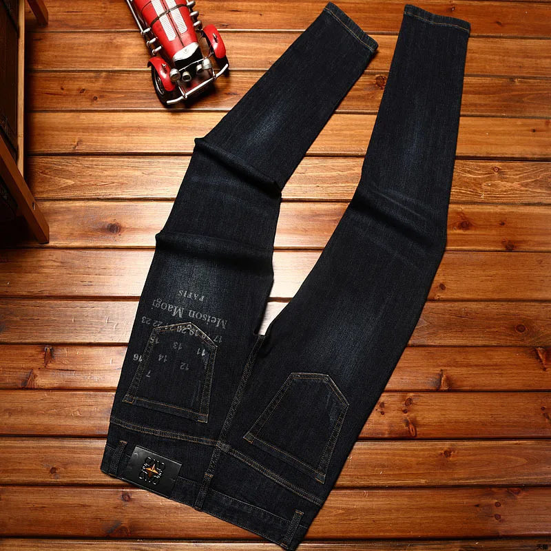2024 new high-end printed jeans men's slim fit skinny personality trendy Korean style stretch denim casual trousers
