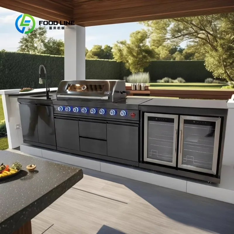 Customized High Quality 304 Black Stainless Steel Outdoor Kitchen Island Full Set with Rotisserie BBQ Grill Sink Fridge