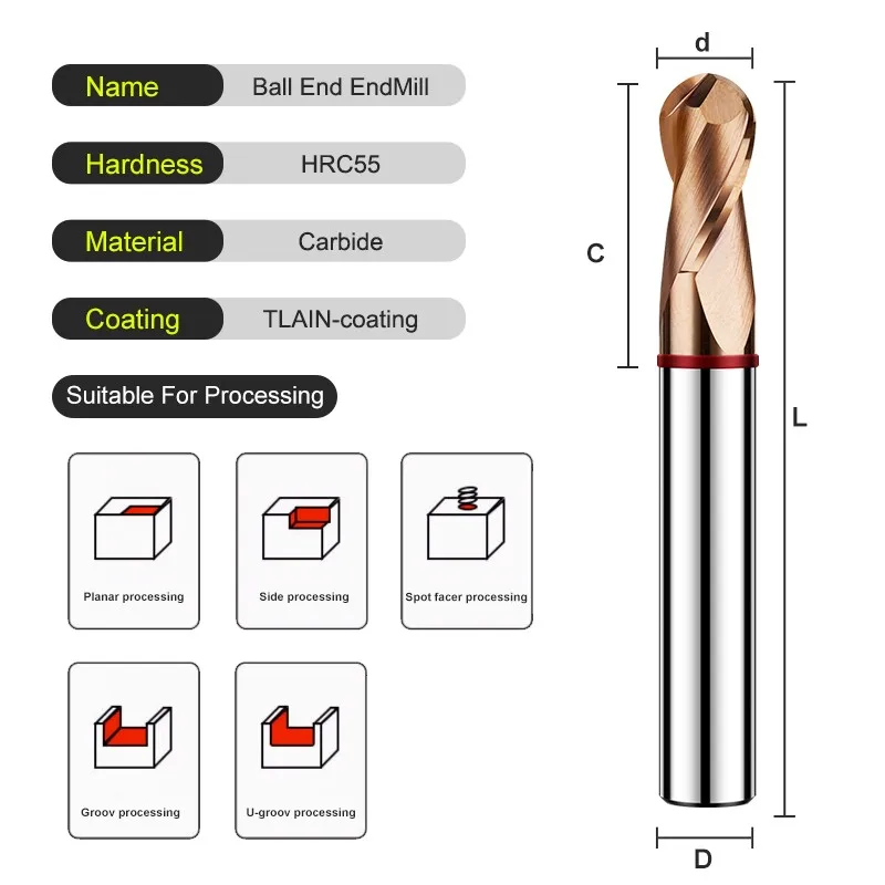 AZZKOR TGR-HRC55 2-Flute Ball Nose End Mills Tungsten Steel Carbide Nano Coating Milling Cutter For CNC Machining Center Tools