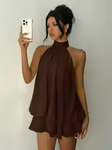 Backless Dress Halter Tie Waist Solid Summer Style for Women - Dark Brown