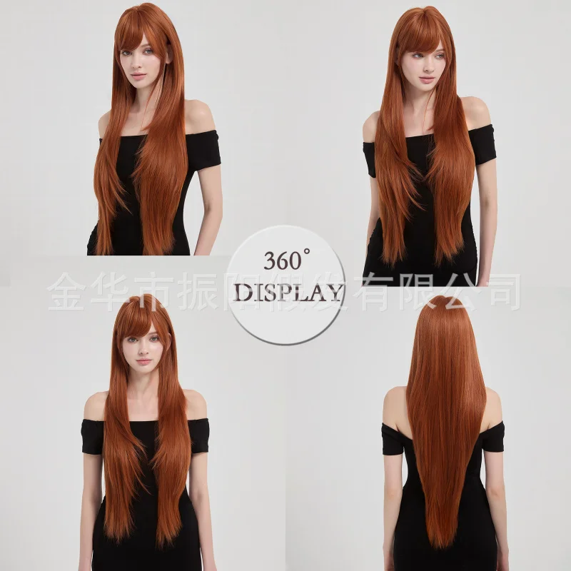 European American style high-layered red-brown wig for women with bangs, can be styled to look natural and realistic, matte
