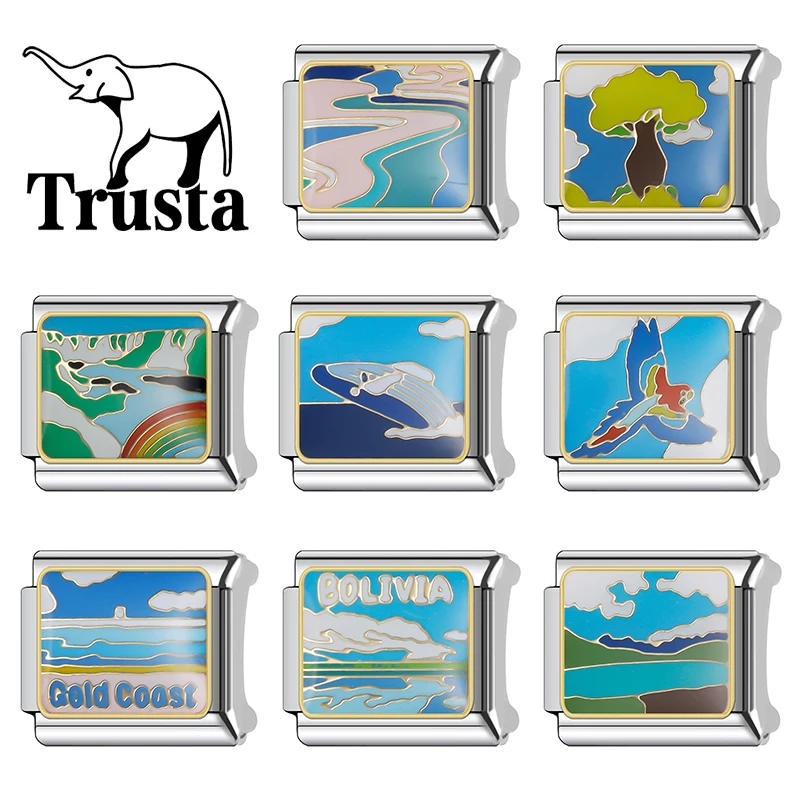 Trusta 2025 Scenic Ocean Whales Italian Link Charm Bracelet 9mm Stainless Steel Bracelet for Women DIY Jewelry Wholesale N552