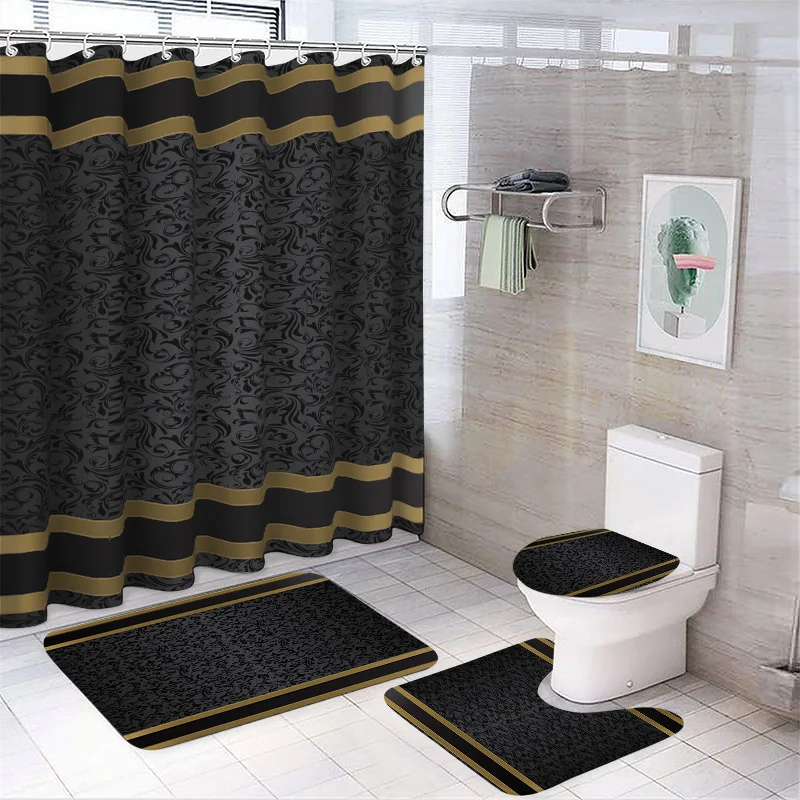 Luxury Black & Gold Bathroom Set - Elegant Shower Curtain, Non-Slip Bath Mats & Toilet Cover, Modern Decor (4-Piece) - view 2