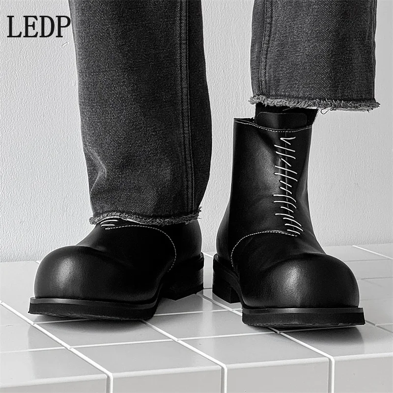 

LEDP Distressed Chelsea Boots for Men, 2025 Autumn New Style, Thick Sole, Heightening Black Workwear Short Retro Casual Boots