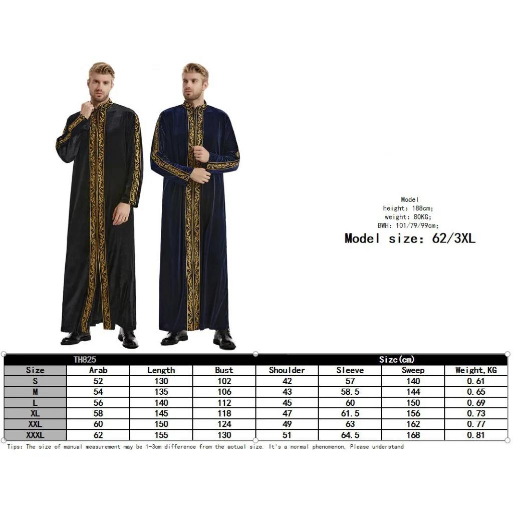Men's Muslim Stand Collar Embroidery Ramadan Thobe with Long Sleeves Islamic Robe Kaftan Thawb  Dubai Ankle Length Abaya