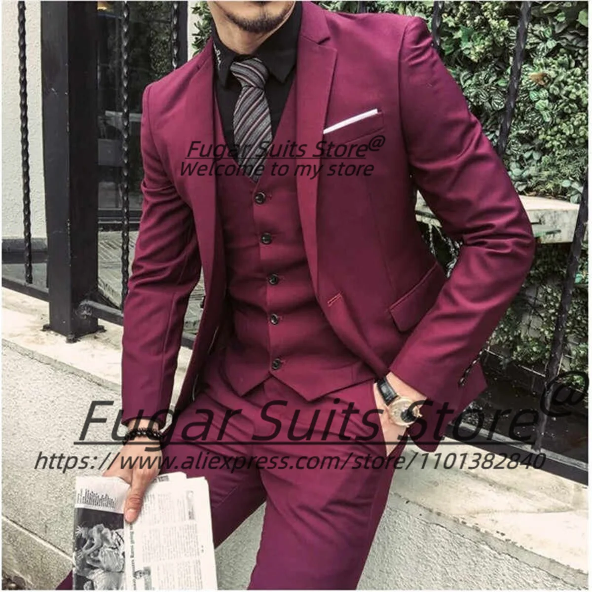 

Fashion Wine Red Men Suits Custome Made Slim Fit Notched Lapel Groom Wedding Tuxedos 3 Pcs Sets Classic Male Blazers Ropa Hombre