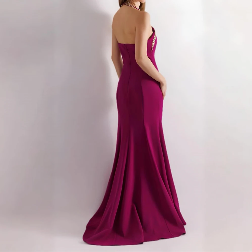 맞춤형 인어 저녁 드레스 바닥 길이 브이넥 민소매 프로무 드레스 패션 크리스탈 사이드 슬릿 심플 드레이프 파티 드레스
