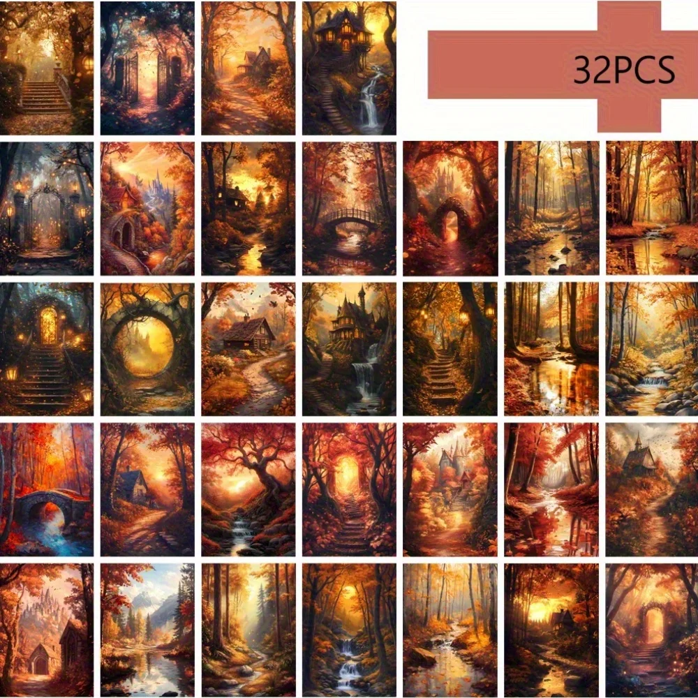 32pcs Autumn Limited Edition Gold Forest Leaf Falling Postcards, Autumn Landscape Houses, Theme Notes/Decorations/Cards