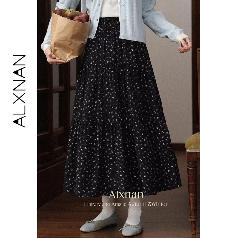 

ALXNAN Black Floral Skirt 2025 Autumn Long A-line Women's Skirts Elegant High-waist Office Lady Loose-fit Female Clothing L56733