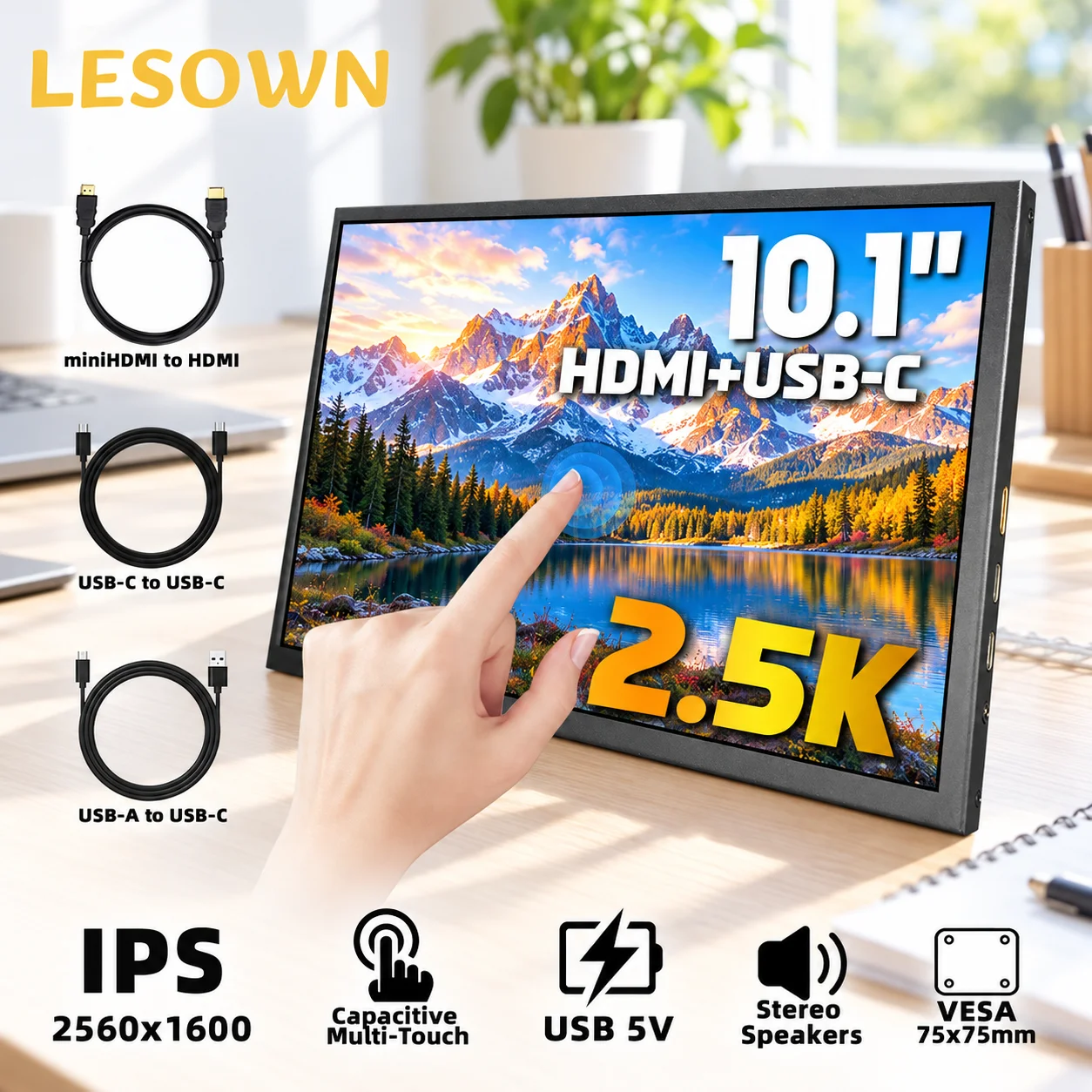 LESOWN 10.1/13.3 Inch Mini LCD Monitor 2560x1600 2.5K Type-C Mini HDTV with Speakers for Raspberry Pi Desktop Display