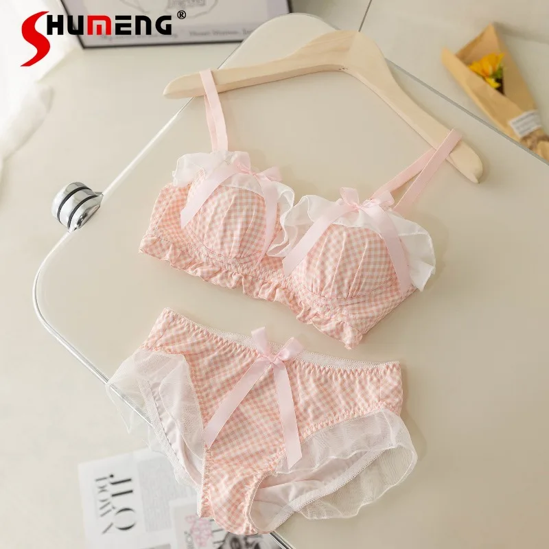 

Sweet Girl Polka Dot Plaid Bra Set Fresh Student Wireless Thin Small Chest Intimates Women's Push Up Underwear Brief Suits