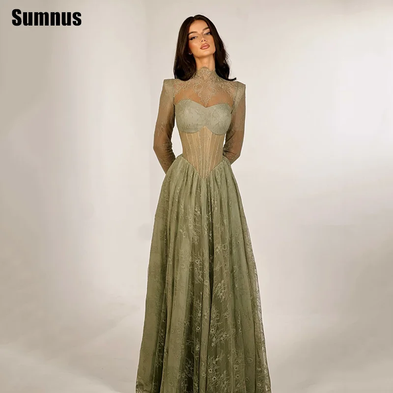 

Sumnus Elegant A-Line Evening Dresses High Neck Lace Full Sleeves Floor Length Formal Dresses Birthday Party Dress Customized