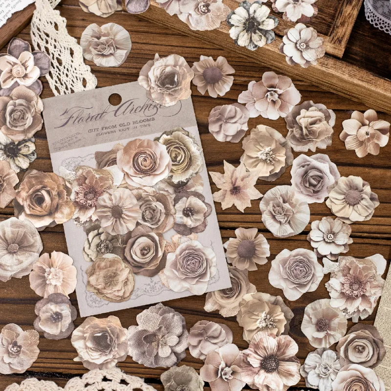 40Pcs Antique Style Flower Kraft Stickers, Vintage Border Floral Stickers for Scrapbook Embellishment