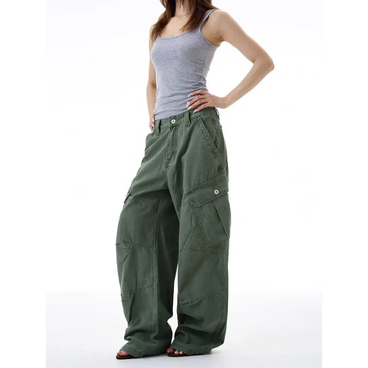 Women's Multi-pocket Unisex Cargo Pants Spring Cool Girl High Waisted Sweatpants Bottoms Female Solid Color Wide Leg Trousers
