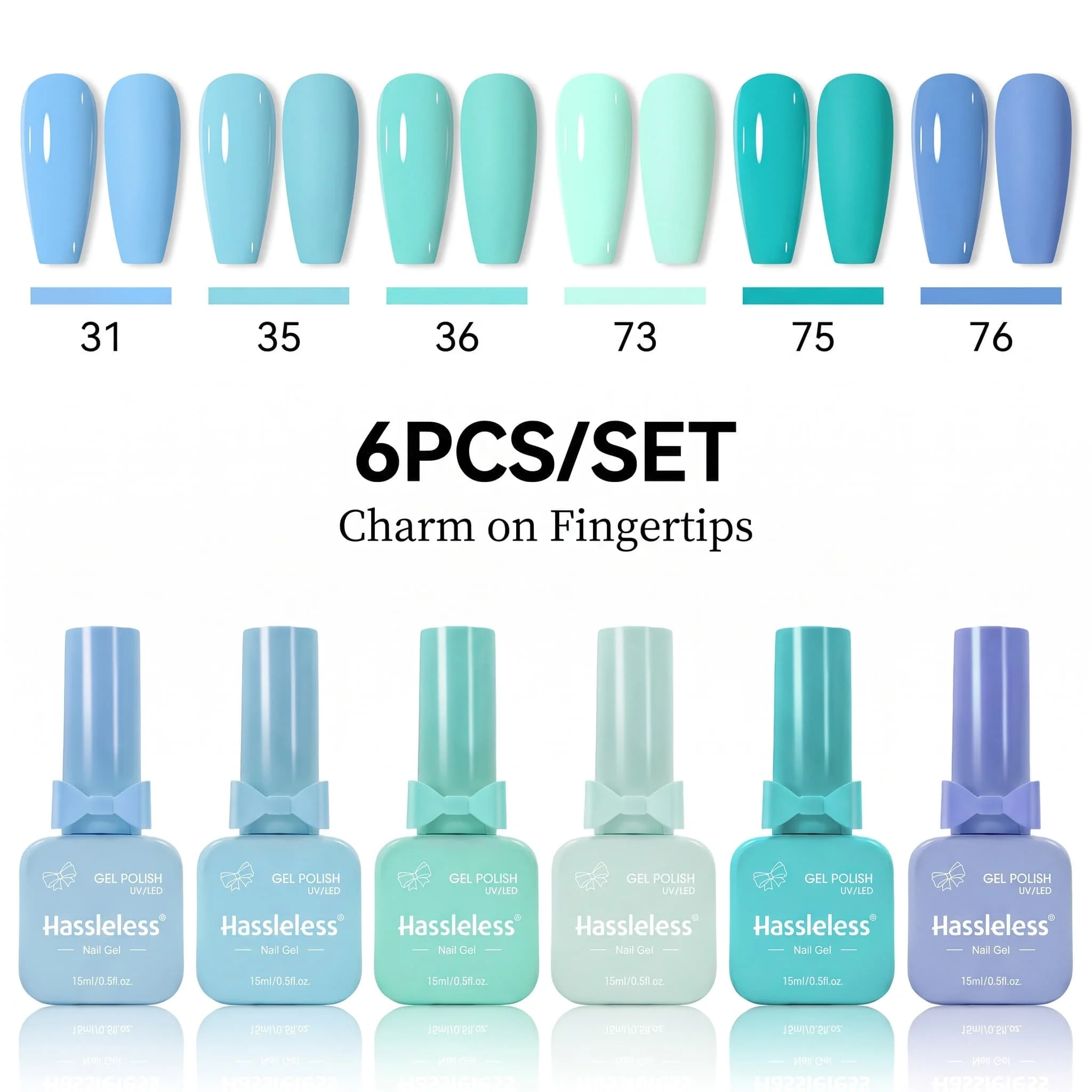 Hassleless 6-piece gel nail polish set, 15ml large bottle of removable gel polish, mirror-like high gloss, high saturation color, long-lasting and durable, not easy to peel off, suitable for home DIY and nail salons