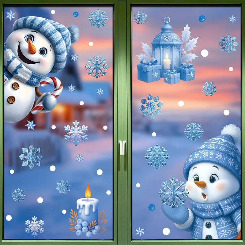 New··Blue Christmas Window Clings Static Sticker Set With Bells Reindeer Santa Snowflakes Snowman For Holiday Party Decor