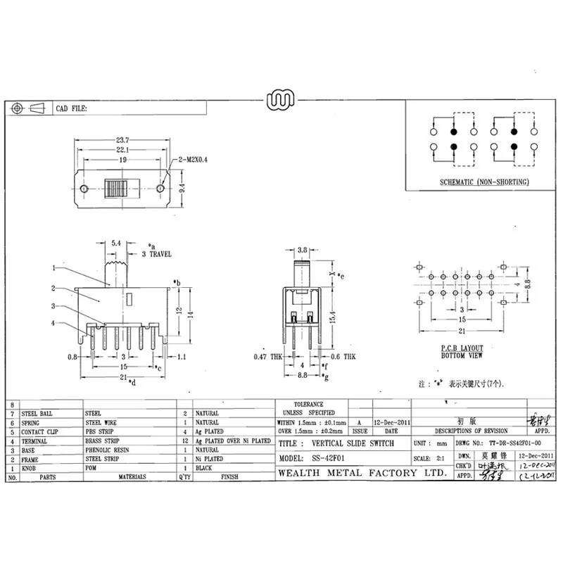 10 Pcs 12 Pin On/On 2 Position 4P2T 4PDT Mini Vertical Slide Switch 0.3A 50V DC SS-42F01-G5