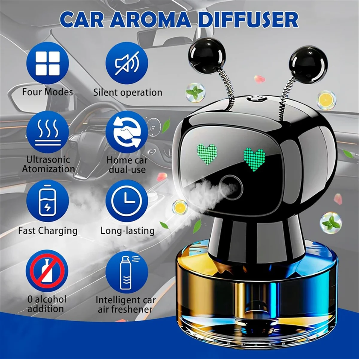 Smart Fashion Cute Robot Car Purificatore d'aria Ornamenti per auto Home Office Macchina per aromaterapia