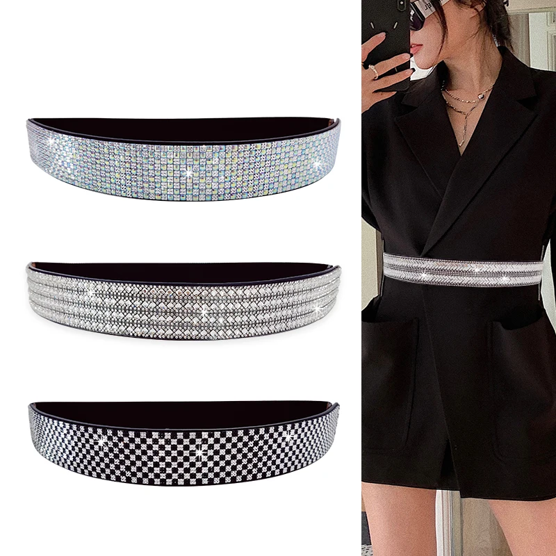 Shiny Rhinestone Elastic Corset Belt Female Waist Big Plus Size Stretch Cummerbunds Ladies Designer Belts For Women High Quality