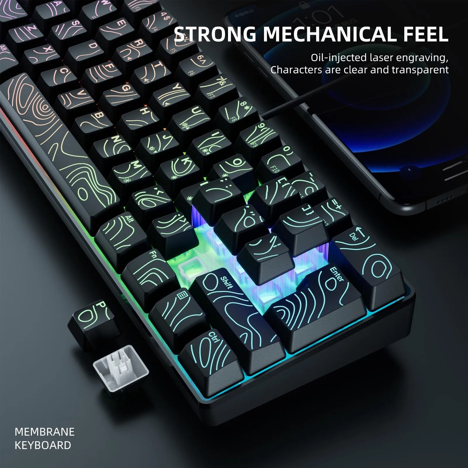 コンピュータ用有線キーボード 61 キー USB RGB N キーロールオーバー輪郭キーキャップ ホームオフィス用メンブレンキーボード