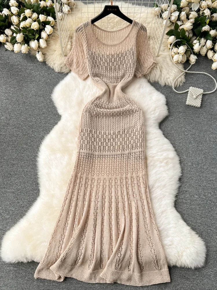 Korean Retro Crochet Hollow Knitted Dress Women Short Sleeve Slim Fishtail Long Dresses Ladies Summer Elegant Midi Robe Vestidos