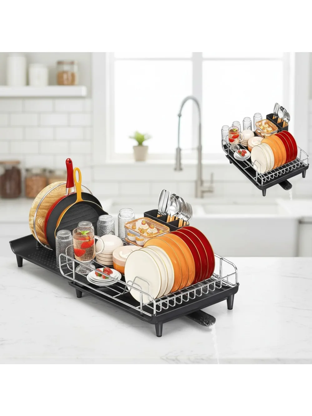 

Expandable Dish Drying Rack, Foldable Stainless Steel Kitchen Counter Drainer with Cutlery Holder, Large Capacity Collapsible