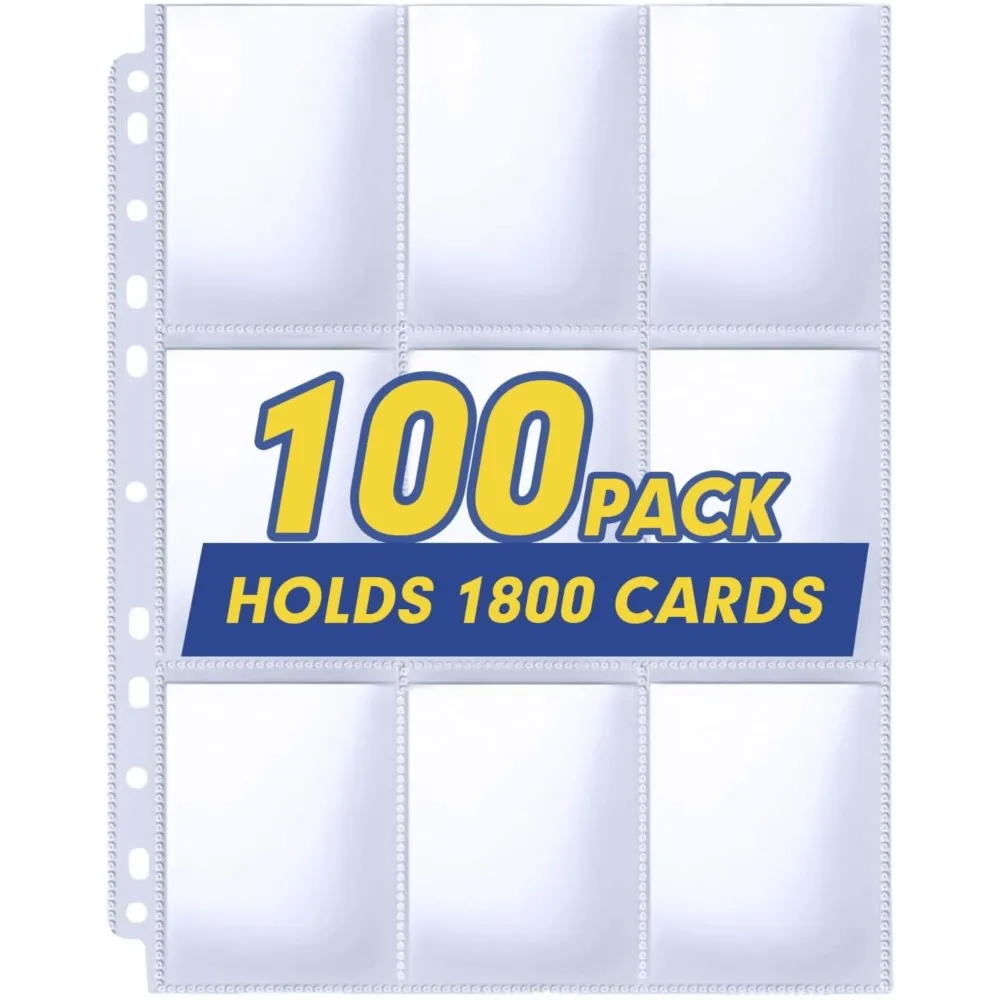 

100 штук двусторонних страниц для папок с 9 карманами, 1800 карманов для хранения коллекционных карточек, подходят для папок с 3 кольцами, для спортивных карт, карт Yugioh, Pokemon.