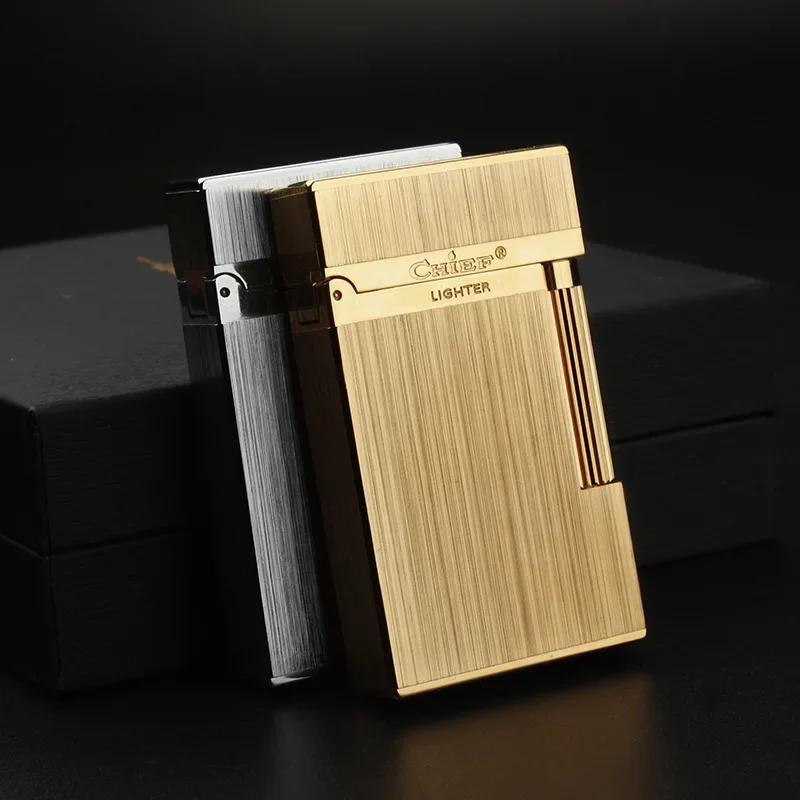 Chieftain Pure Brass Steel Tone Lang Sound Inflatable Lighter Butane Open Flame Metal Lighter Upscale Men's Gift Gift Box