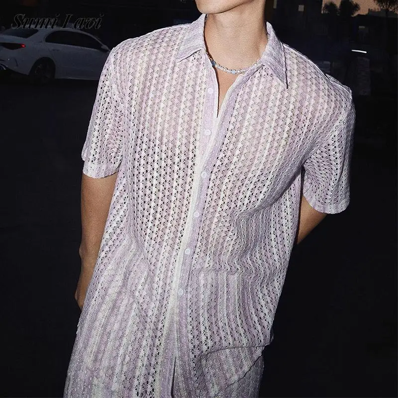 Vintage Turn-down Collar Buttoned Shirt Mens Seaside Sexy Hollow Out See Through Mesh Shirts Fashion Men Short Sleeve Cardigans